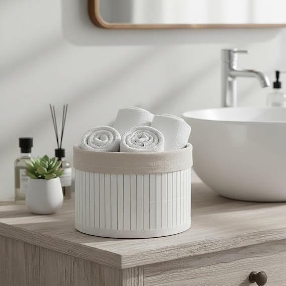 Deconox Yuvarlak Bambu Düzenleyici ve Saklama Sepeti – Beyaz Ahşap Çıtalı Banyo, Makyaj ve Ofis Organizeri, Kumaş Astarlı Çok Amaçlı Dekoratif Kutu (18x13 cm)