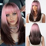 testar Ombre Pink Black Wigs For Black Women Long Pink Black Straight Wigs with Bangs Cosplay Colorful Wigs Synthetic Layered Hair Wigs For Daily Party/Halloween Use 24 Inch