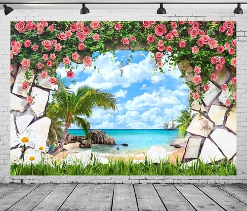 Arrière-plan paysage tropical avec fleurs roses pour photobooth d'anniversaire