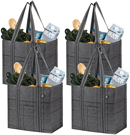 VENO 4 Pack Reusable Grocery Shopping Bag w/ Hard Bottom, Front Pocket, Multi-Purpose Heavy Duty Tote, Utility Shopper Bag, Beach Bag, Stands Upright, Water-Resistant (Windowpane - Set of 4)