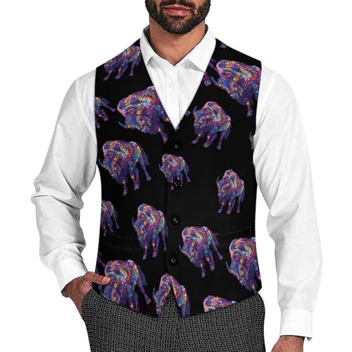 Art Print Bison Novelty Men's Suit Vest Funny Formal Dress Vests Business Waistcoat
