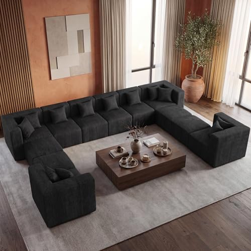 Image of MONVANE Modular Sectional Sofa, Oversized 12 Seat Convertible U Shaped Couch with Ottoman, Comfy Chenille Cloud Couch with Deep Seat, Sectional Couches for Living Room, No Assembly Required, Black