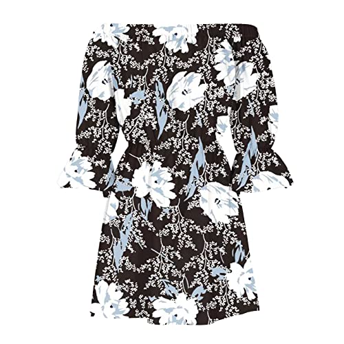 Smidow Off The Shoulder Dresses For Women 2023 Sexy Summer Elastic Waist Lantern Sleeve Beach Ruffle Mini Dress Sundress #TOP4