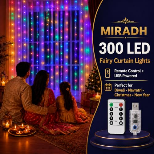 Image of One94Store Fairy Curtain String Lights, 300 LED USB Powered Fairy Lights with Remote, 8 Modes, Window Wall Decor for Bedroom, Party, Diwali & Christmas - 3x3m Multicolor