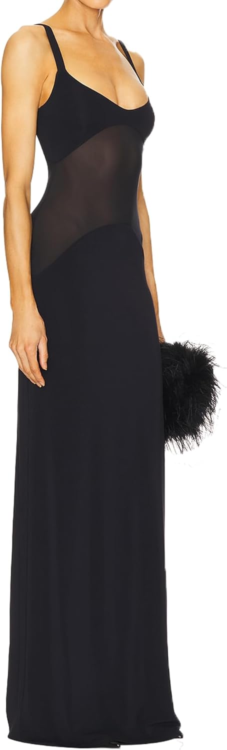 Azhong Women's Mesh Patchwork Sleeveless Scoop Neck Backless Maxi Dress Elegant Bodycon Strap Evening Gown Cocktail Dress - Image 4