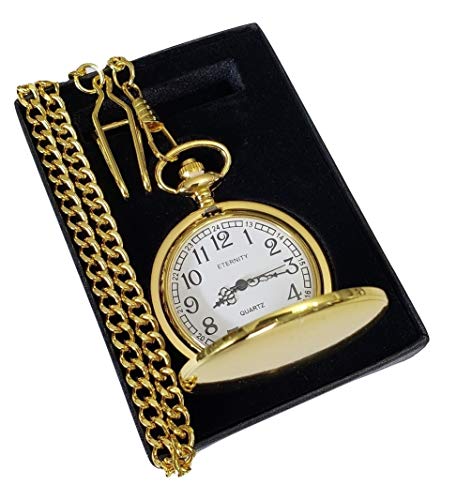 Eternity Engraving Inc. Silver Engraved Pocket Watch Custom Fitted Box Included, Buckle Chain, Engraving Included. Pocket Watch, Battery Included, Assorted Colors (Gold Polished(White Dial)) #TOP1