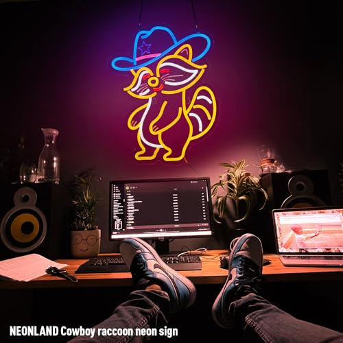 Image of Cowboy Racoon Neon Sign Raccoon Neon Light Cowboy LED Sign USB Powered Dimmable Art Signs for Bar Pub Store Man Cave Kids Room 16.2 X 12.6 inch
