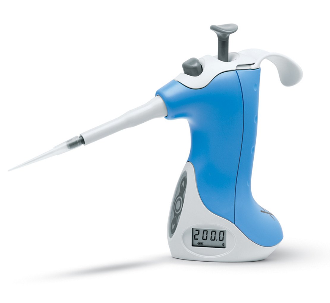 VistaLab 1057-0200 Ovation Adjustable Volume Pipette, 20-200 microliter Volume, 0.2 microliter Graduation Interval, +/-0.8% Accuracy, Blue