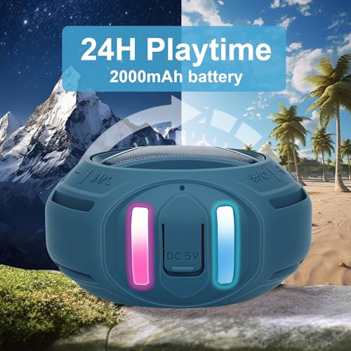 Image of Portable Bluetooth Speaker, IPX7 Waterproof Shower Speaker, Wireless Outdoor Speakers, Floating, Built-in Mic, 24H Playtime with LED Lights, Loud HD Sound, Powerful Bass, Gifts for Unisex - Blue