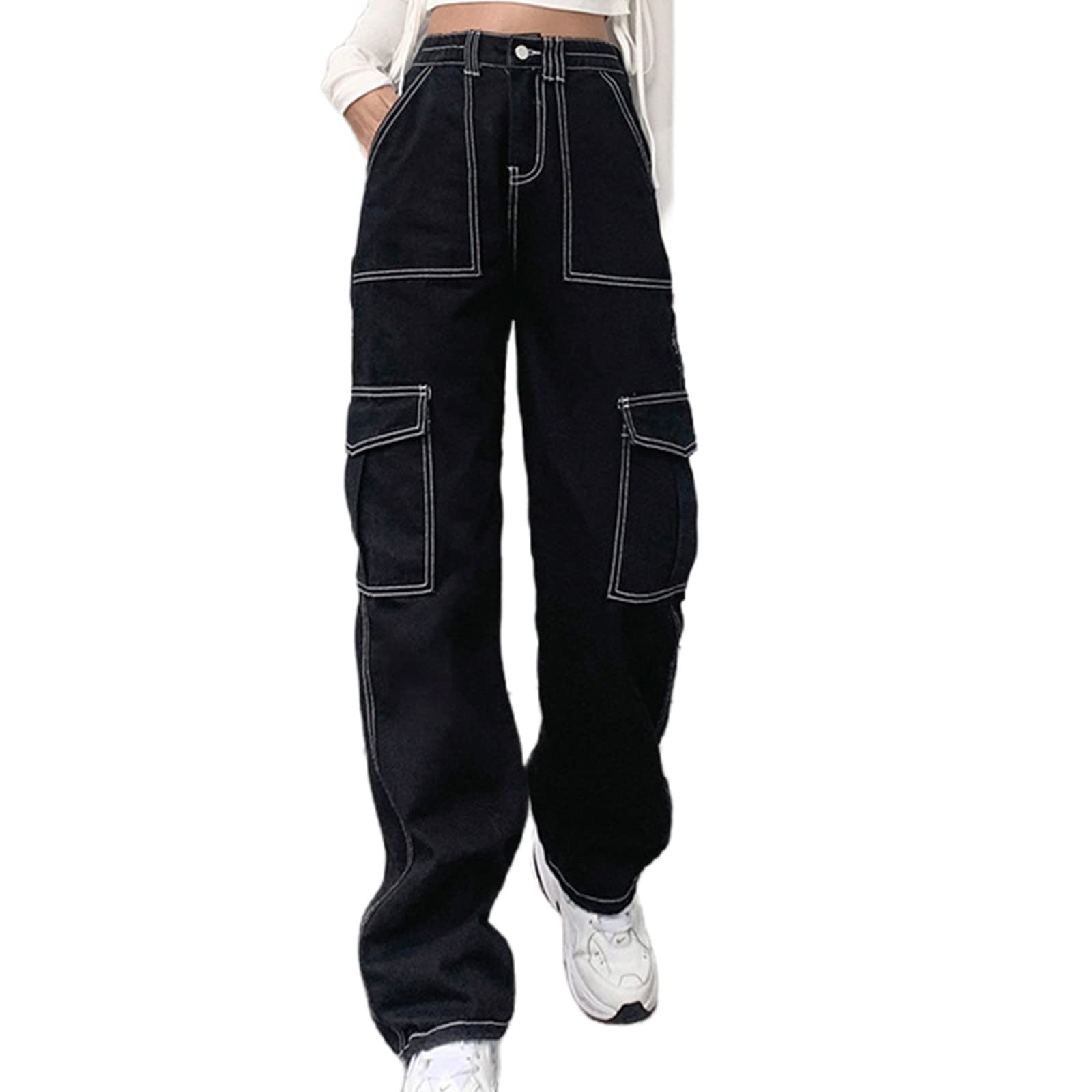 FantasyGearsY2k Baggy Jeans for Women,Aesthetic Demin Pants Wide Leg Vintage Black Cargo Jeans Trousers