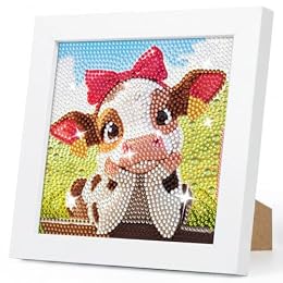 Diamond Art Kits for Kids with Frame, Cute Cow Gem Art for Ages 4-8-12