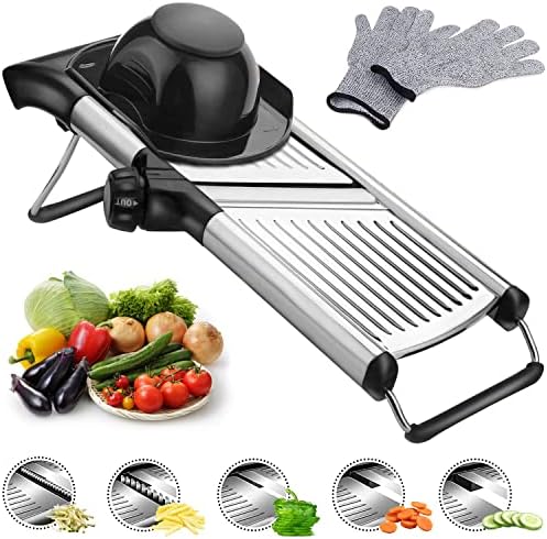 ADOV Mandoline Slicer Professional, Stainless Steel Blade Vegetable Cutter with Safety Hand Gloves, Adjustable Kitchen Mandolin Julienne Food Slicer for Potato Onion Tomato Cabbage Fruits Veg Slicing