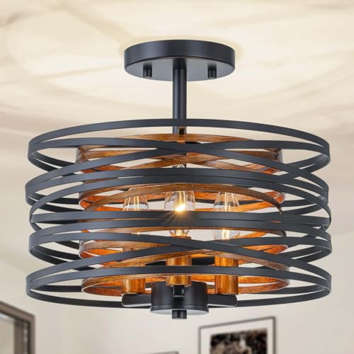 Plafonnier rustique fini texture bois et noir mat LumFurn à 3 lumières
