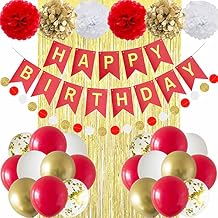 ANSOMO Red and Gold Happy Birthday Party Decorations with Banner Balloons Pom Poms Foil Fringe Curtains for Girls Women