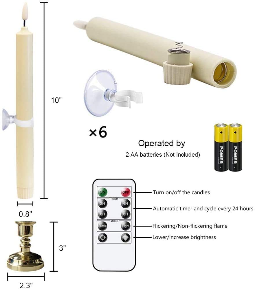 GenSwin Window Flameless Taper Candles with Remote & Timer, Battery Operated LED Candle Flickering Warm 3D Wick Light with Suction Cups, Set of 6 Real Wax Christmas Home Wedding Decor(Gold Holders)