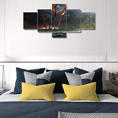 Black And White Wall Art Home Decorations For Living Room The Hobbit Wings Dragon Poster Village Mountain River Paintings Medieval Fantasy Artwork Giclee 5 Panel Prints Wall Art On Canvas, 50"Wx24"H #TOP3
