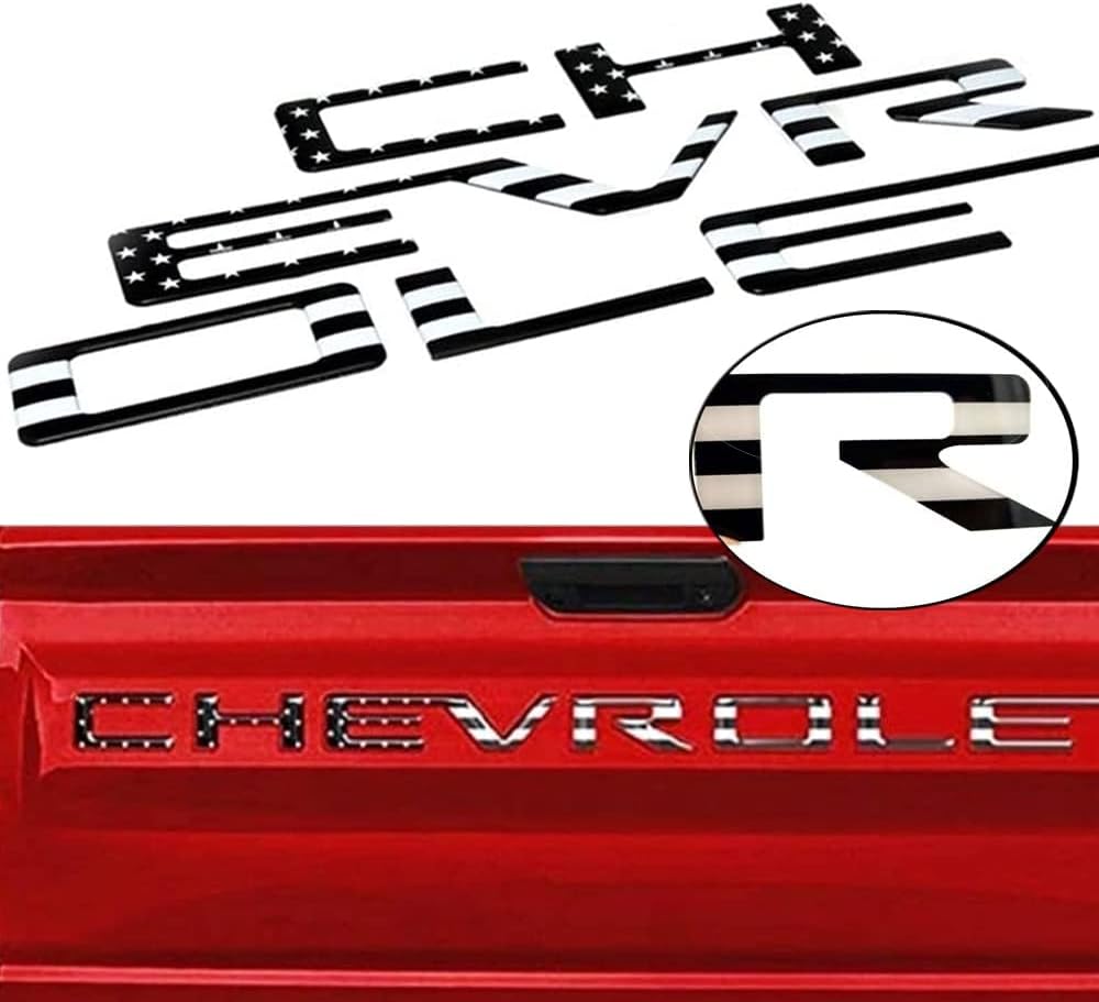 Tailgate Inserts Letters Compatible for 2019 2020 2021 2022 2023 2024 SIilveradoo, 3D Raised & Strong Adhesive Decals Letters, Tailgate Emblems Inserts Letters-Black American Flag