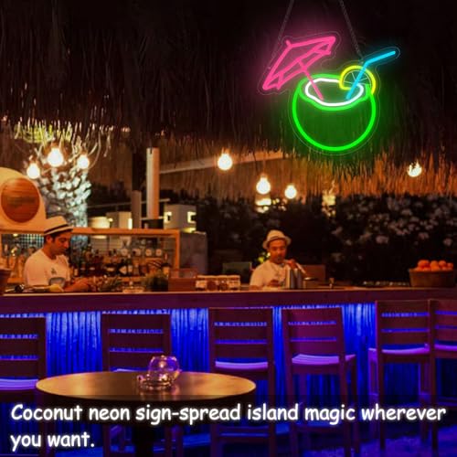 Image of Coconut Neon Sign Light, Dimmable Summer Drink Theme Neon Lights with Lemon for Wall Decor, Tropical Beach Led Light Up Sign for Bar Beer Pub Bedroom Restaurant Man Cave Club Party Present