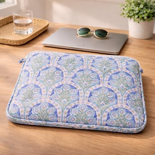 Housse portable 15 pouces coton matelassé bleu vert avec fermeture zippée