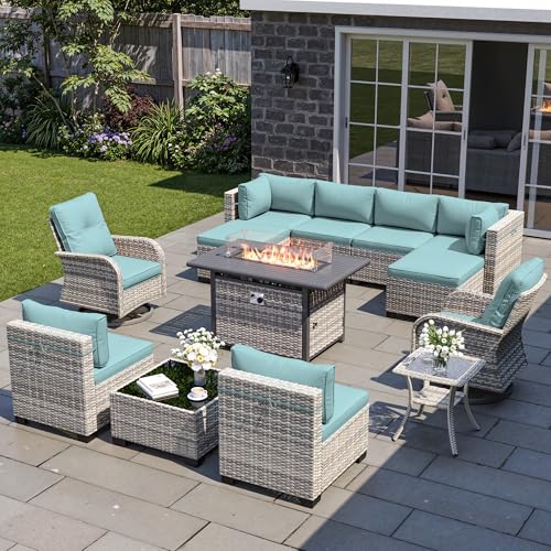 Image of 13-Piece Patio Furniture Set, Outdoor Patio Furniture with Swivel Chairs Set, Ottomans, 55,000 BTU Fire Pit Table, Modular Patio Sofa, Dual-Strand Wicker Rattan, Rust-Resistant Frame, Light Blue