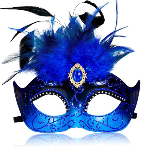 MYSEUNI Masque de mascarade noire et bleue pour femme avec plumes, masque vénitien pour bal masqué