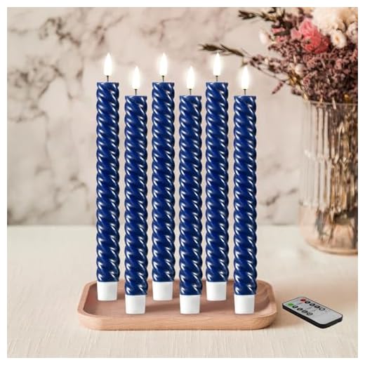 Girimax Navy Blue Spiral Flameless Taper Candles with Remote, Real Wax Flickering LED Battery Candlesticks Set of 6