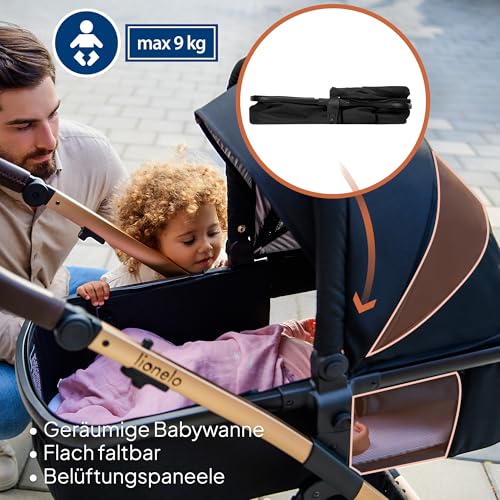LIONELO Amber 3-in-1 Kombikinderwagen - Babywanne, Sportsitz, i-Size Autositz (40–87 cm), Luftreifen, wendbar, XXL-Dach UPF 50+, Tasche, Moskitonetz, Regenschutz