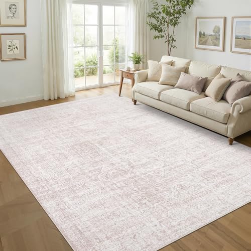 Washable Area Rugs for Living Room - Non-Slip Faux Wool Retro Rug for Bedroom Dinning Room - Low Pile Vintage Stain Resistant Floor Carpet for Home Office Décor