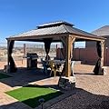 12’ x 16’ Hardtop Gazebo Outdoor Aluminum Wood Grain Gazebos with Galvanized Steel Double Canopy for Patios Deck Backyard,Curtains&Netting by domi outdoor living