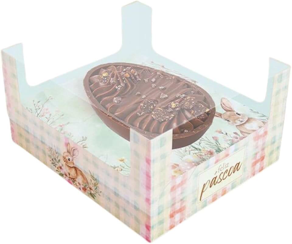 Caixa para Ovo de Páscoa de Colher 250/350g, Tema Páscoa Encantados com Coelhinhos, Embalagem Decorativa com Visor, Pacote com 5 Unidades