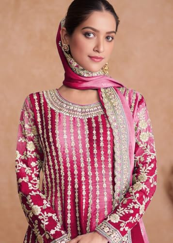 Image of Miss Ethnik Dual Tone Strip Chinon Heavy Embroidered Stitched Sharara Suit Set With Dupatta (ME-1129)