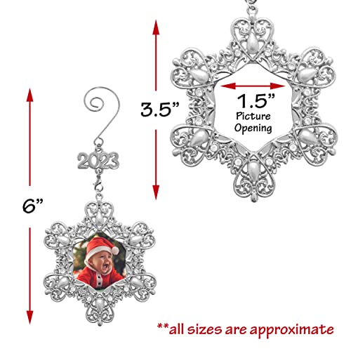 Banberry Designs Christmas Snowflake Photo Ornament - Dated 2023 Silver Charm With Crystals And Pearls - Baby Family Senior Sports School Wedding Vacation Pictures - Gift/Storage Bag Included #TOP2