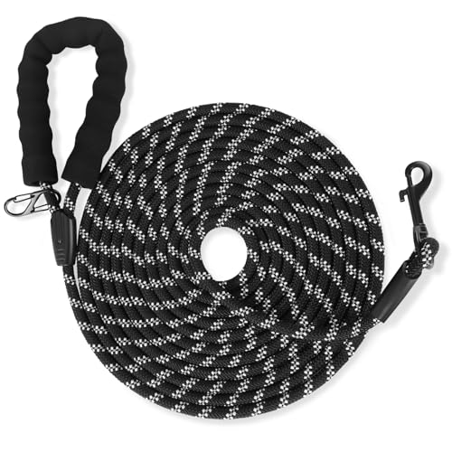 Reflektierend Schleppleine für Hunde, 20m Hundeleine mit Gepolsterten Griff und 2 Karabinerhaken,Starke Hundeleine Große Mittlere Hunde,5m 10m 20m Lang,Abschließbarer Karabiner (Schwarz, 20M X 9MM)