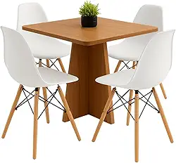 Mesa Quadrada de Madeira Maciça 80x80 Freijó + 4 Cadeiras Eiffel Pés de Madeira - Jantar, Cozinha (Cadeiras Brancas)