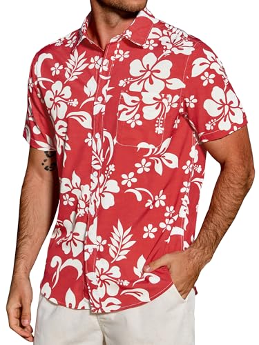 JEMLDL Mens Hawaiian Short Sleeve Button Down Shirt Wrinkle-Free Lightweight Clothing Red Hibiscus Party Vintage Red White Flower X-Large