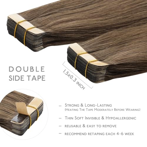 Image of WENNALIFE Tape in Hair Extensions Human Hair, 20pcs 50g 20 inch Muted Light Brown Brunette Remy Hair Extensions Straight Human Hair Tape in Extensions Skin Weft Tape Extensions Human Hair