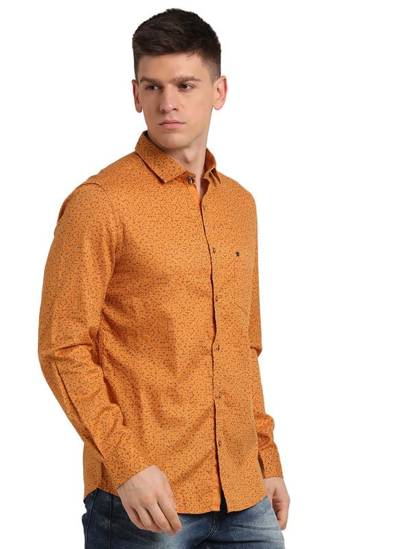 Image of Turtle Men Mustard Cotton Printed Slim Fit Casual Shirts