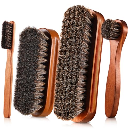 Image of 4 Pcs Horsehair Shine Shoes Brush Kit Polish Dauber Applicators Cleaning Leather Shoes Boots Care Brushes Suede Cleaner Brush with Microfiber Shoe Cloth(Brown Style A)