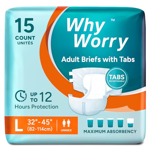 WhyWorry Adult Nappies for Women and Men, Disposable Adult Diapers for Incontinence with Overnight Absorbency, Odor Control, Unisex, Large, 15 Count