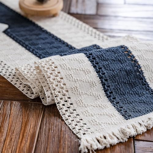 Alynsehom Camino de mesa de macramé, color beige crema y azul, bohemio con borlas, tejido a mano, de algodón, camino de mesa rústico para mesa de comedor de cocina bohemia (12 x 108 pulgadas)