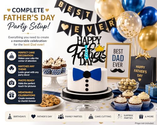 Image of Festiko Happy Father's Day Cake Topper for Dad Birthday Decoration, Best Dad Ever Cake Topper with Crown & Tie Design, Double Sided Black Glitter 350 GSM Party Supplies India