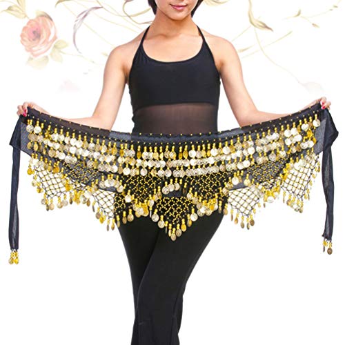 ARTIBETTER Lenço de dança do ventre com saias de moedas douradas, lenço de quadril para dança do ven