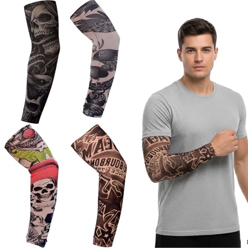 ENAESLOT 4 PCS Tattoo Sleeves for Men Fake Temporary Cool Tattoo Sleeves Summer Sunscreen Supplies Halloween Dress Fake Tattoo Seamless Sleeves for Outdoor or Party