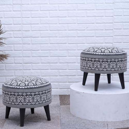 Image of Stool Ottoman Pouffes for Living Room, Kitchen, Home, Office Furniture with Soft Cotton Cushion Mudda Footrest Stool for Chair Sofa Bed Dressing Decor, Mandala Grey (14 Inch Pack of 2)