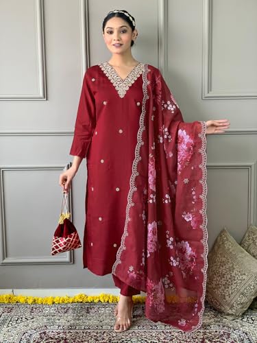 Image of Naixa Women's Red Viscose Silk Embroidered Straight Kurta with Viscose Silk Pant and Organza Printed Dupatta Sets
