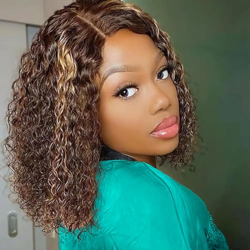Image of SOEZ 14 Inch Highlight Ombre Bob Wig Human Hair 13x4 Deep Wave Lace Front Wigs Human Hair Honey Blonde Short Curly Bob Wig 4 /27 Water Wave Human Hair Wig 180% Density Wet Wavy Colored Wig for Women