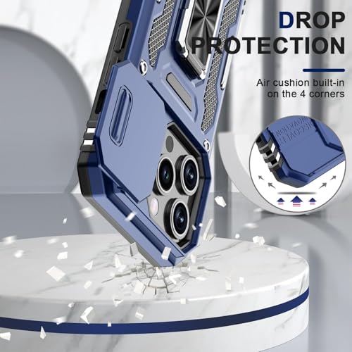 Image of Polycarbonate Back Cover Case Compatible for Apple iPhone 15 Pro with Slide Camera Cover & Rotated Ring Kickstand | Military Grade Mobile Phone Cover Case for Apple iPhone 15 Pro (Blue)