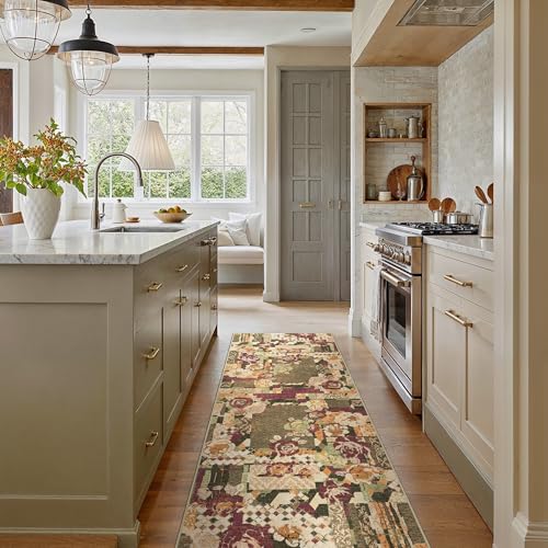 GENIMO Floral Runner Rug 2X6, Machine Washable Non Slip Vintage Patchwork Hallway Runner, Ultra-Thin Low Pile Runners for Indoor Entryway, Hallway, Kitchen and Corridor, Auburn Cinnamon