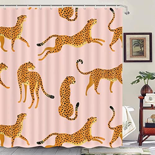 Uokiuki Boho Leopard Fabric Shower Curtain, Tropical Animal Cheetah Shower Curtain for Bathroom, Pink Shower Curtain with Hooks 69 x 70 Inch