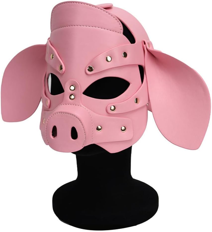 Adults PU Leather Pig Hood Mask, Cosplay Pig Full Face Pullet Hood Mask,Suitable for Head Circumference 23-27 inch